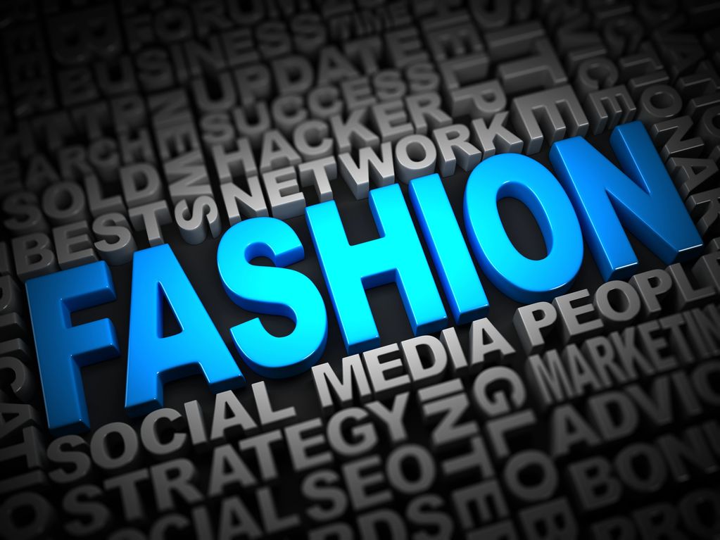 3D text 'FASHION' in blue surrounded by related words in gray.