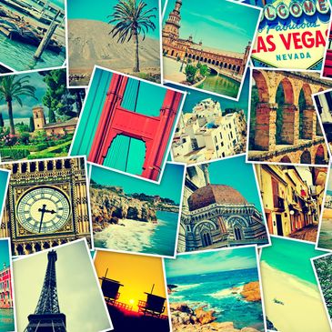 Collage of iconic global landmarks and scenic landscapes from famous cities.