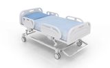 Modern hospital bed with adjustable features and wheels.