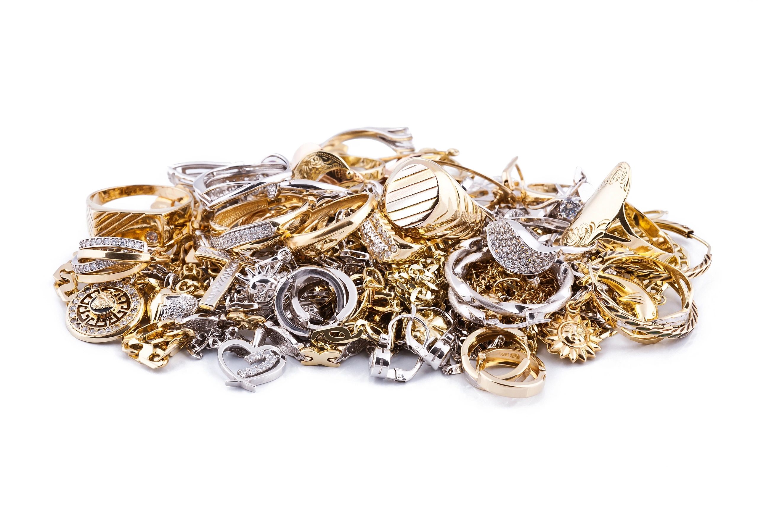 Gold jewelry including rings, necklaces, and bracelets