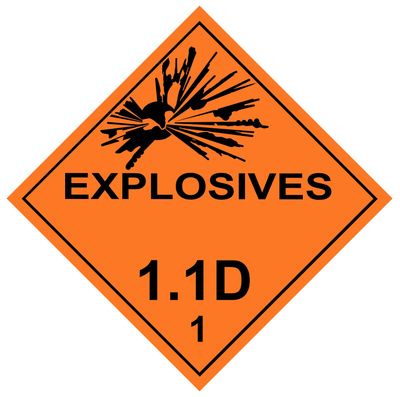 Orange diamond warning sign for explosives, labeled 1.1D.