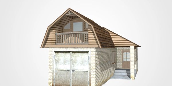 Small brick garage with wooden upper floor and balcony.