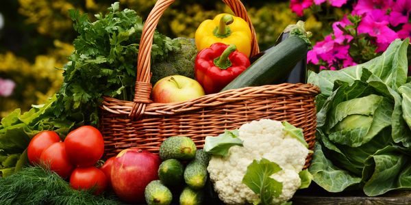 Basket filled with fresh vegetables and fruits outdoors.