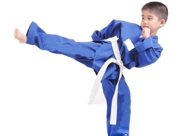 Young boy in blue martial arts uniform performing a high kick.
