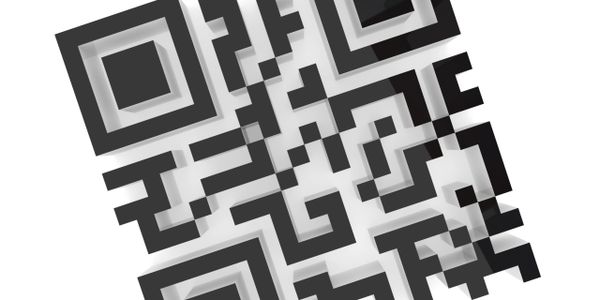 3D black and white QR code tilted on a white background.