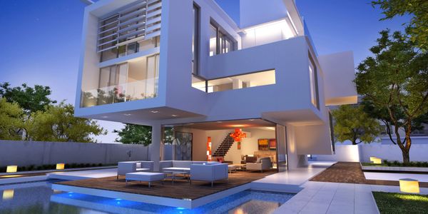 Modern white house with cantilevered design and pool at dusk.