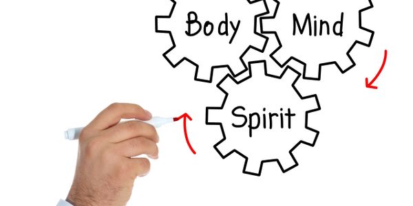 Hand drawing interconnected gears labeled Body, Mind, and Spirit with red arrows.