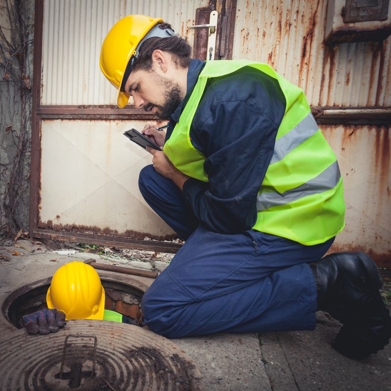 Two manual hard workers on field writing down the water inside of manhole at the road. Detail, view from above.
