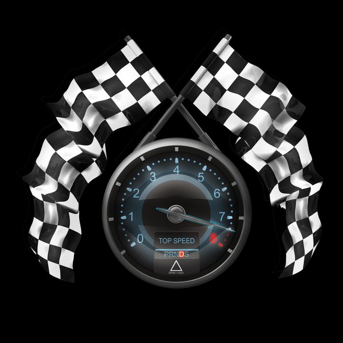 A racing tachometer with crossed checkered flags on a black background.