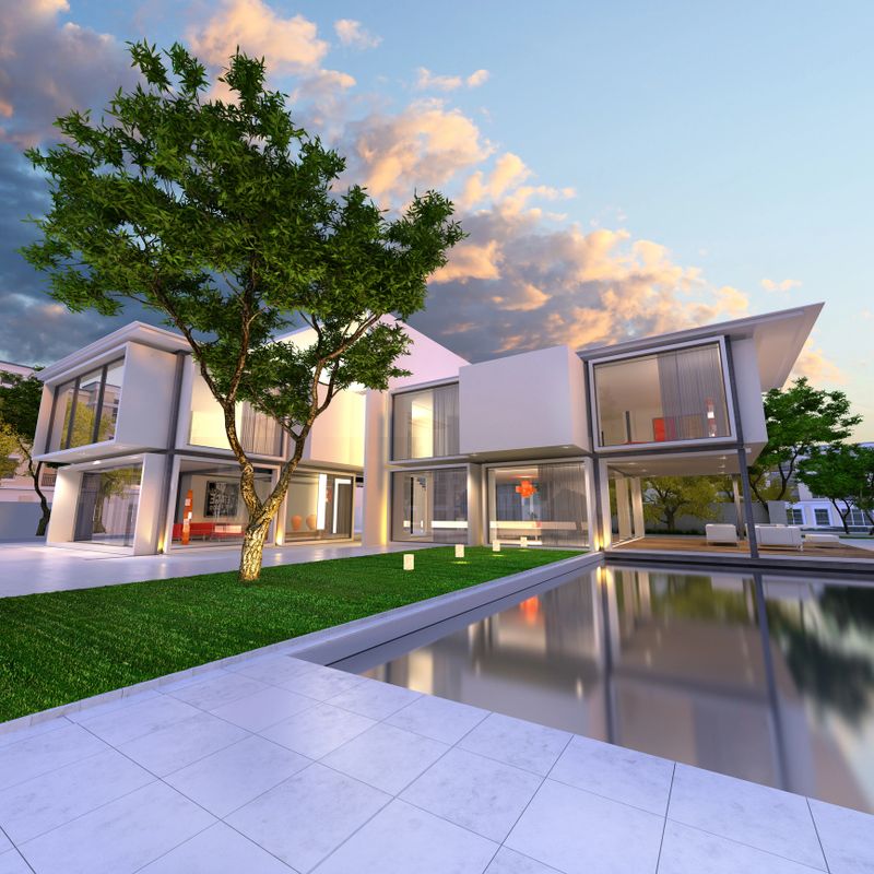 3D rendering of beautiful modern villa with pool, late afternoon