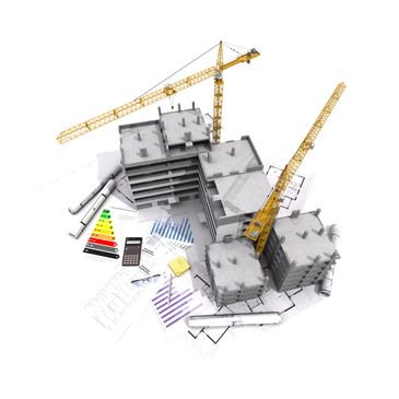 3D model of a building under construction with cranes and architectural plans.