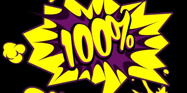 Bright comic-style explosion with bold '100%' text in yellow and purple.