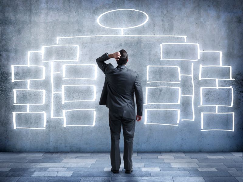 A businessman looks in bewilderment at an imaginary flow chart on the wall in front of him.  The businessman is standing with his back to the camera and his hand is on top of his head.  The flow chart bubbles are empty.