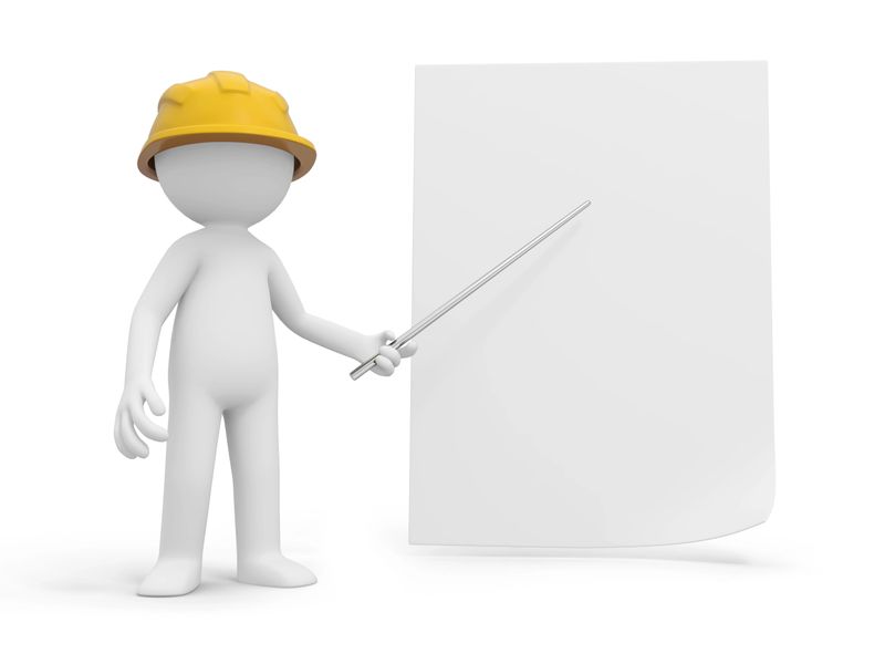 A 3d safety worker pointing at the paper with a stick