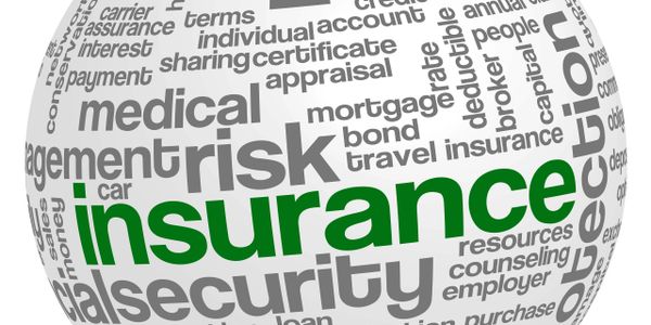 A 3D word cloud sphere with 'insurance' in green and related financial terms in gray.