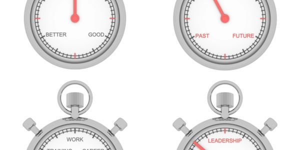 Four stopwatch-like dials showing progress and leadership concepts.