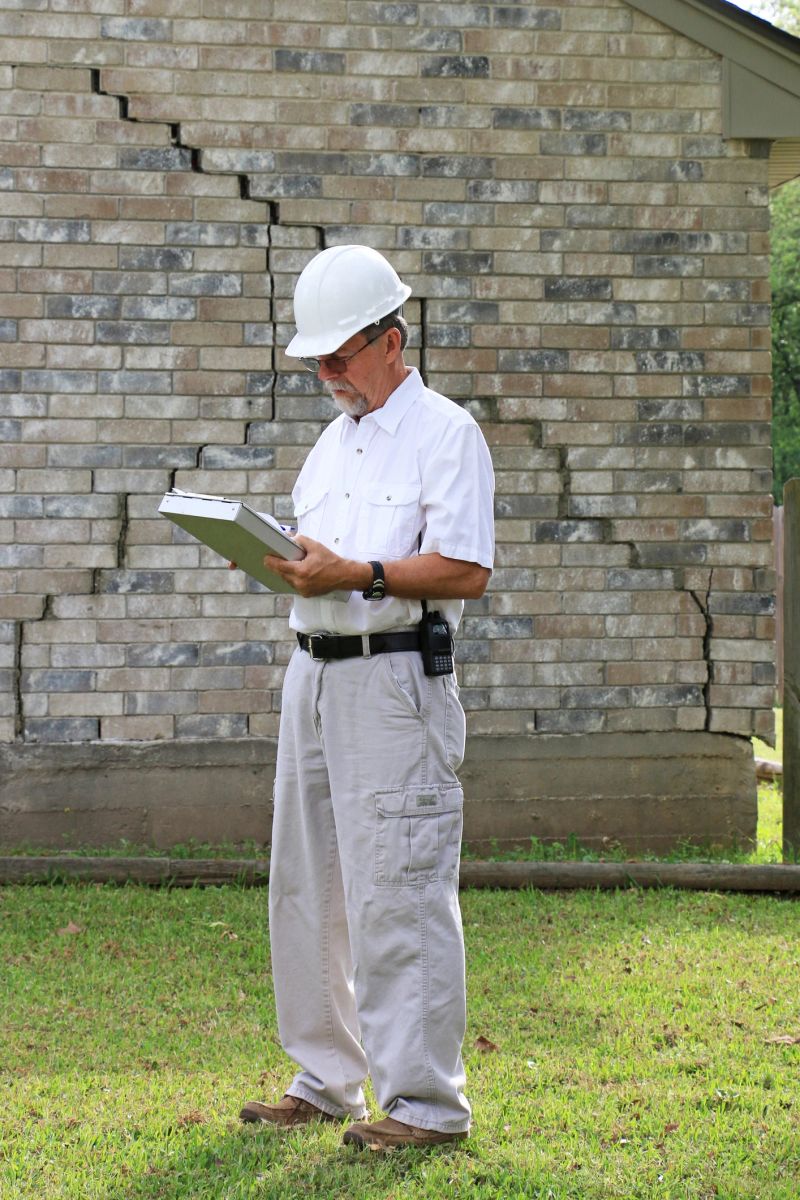 Inspector inspecting home’s foundation is experiencing settlement (collapse). Eventually the brick veneer begins to separate from door and window frames. Finally framing and roof problems occur, as well as plumbing problems. Foundation problems don’t get better without professional repair and house leveling. It is better to take action sooner rather than later.