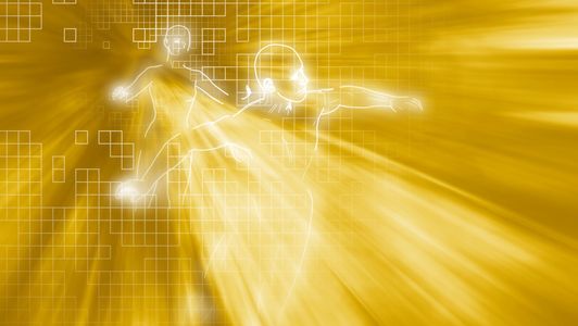 Abstract digital figures playing soccer in golden light.