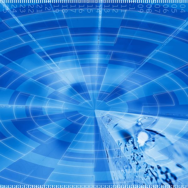 Blue digital abstract background with circular and rectangular patterns.