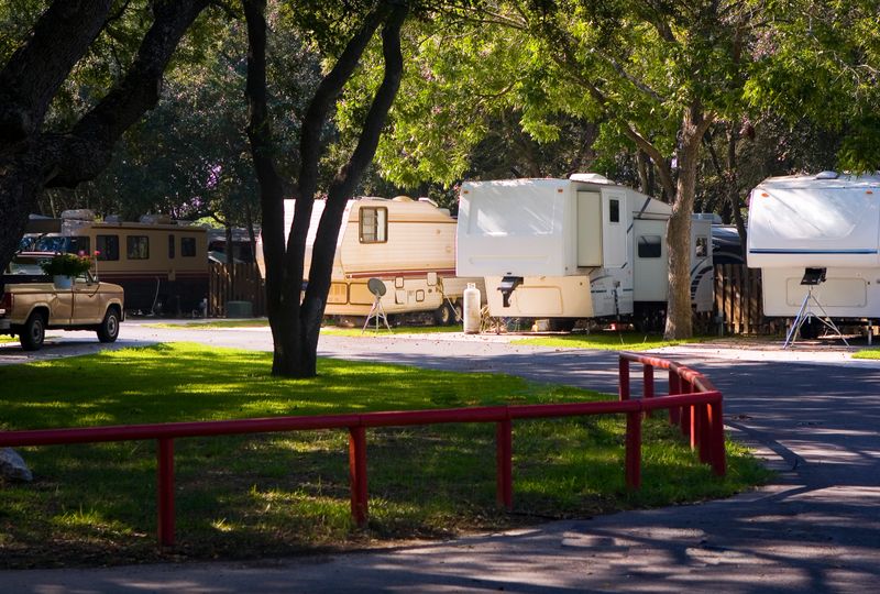 Fifth wheel trailers ("fivers") camp at an oak shaded RV park near the Texas Gulf coast.
