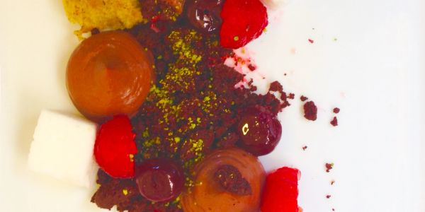 Gourmet chocolate dessert with berries and cream on a white plate.
