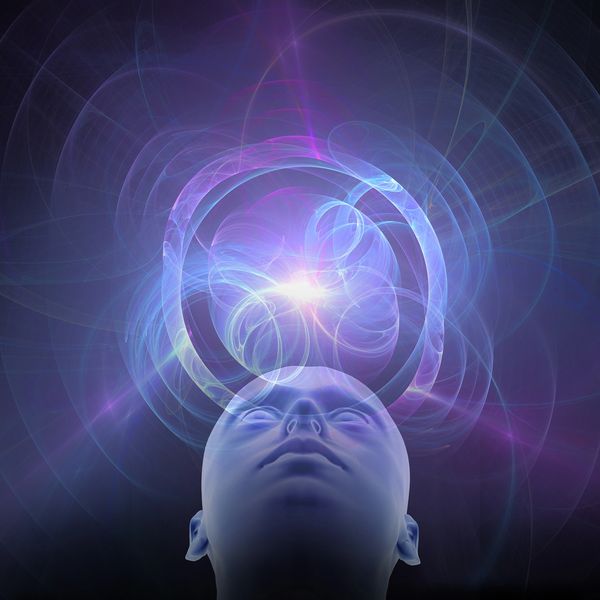 A glowing head with abstract light patterns above it.