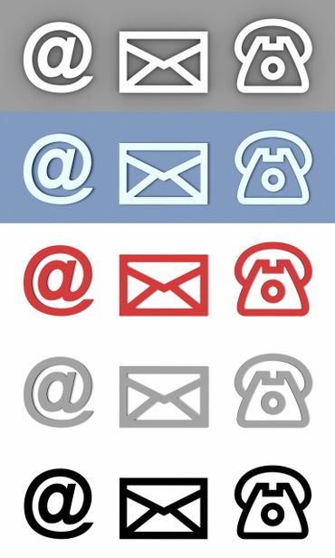 Rows of communication icons in different colors: email, mail, and phone.