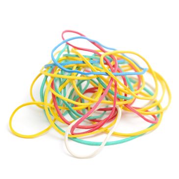 Colorful rubber bands tangled together.