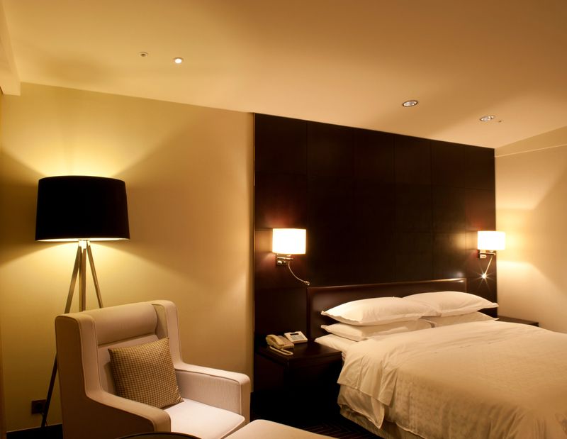 Luxurious hotel room with king sized bed