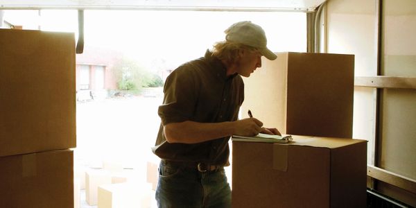 Man checking inventory on clipboard inside a moving truck filled with boxes.