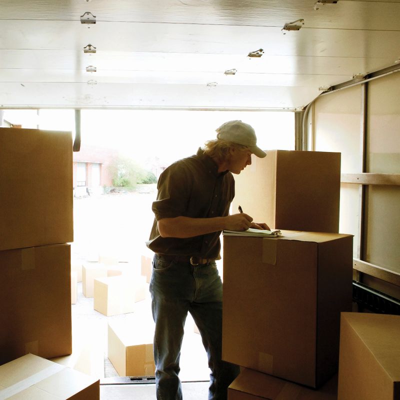 A courier taking inventory of boxes in the back of the delivery truck.  