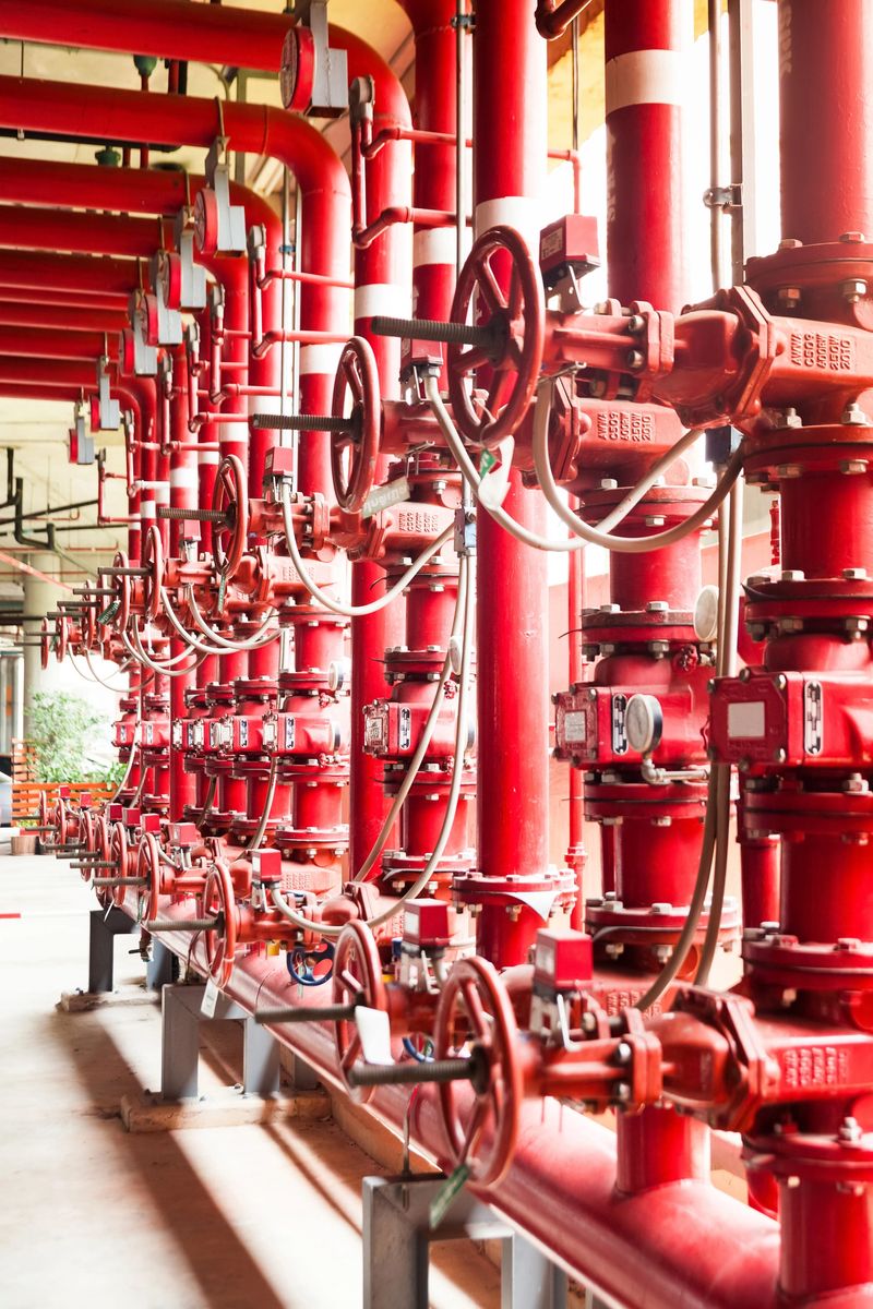 A row of red color fire fighting water supply pipeline system