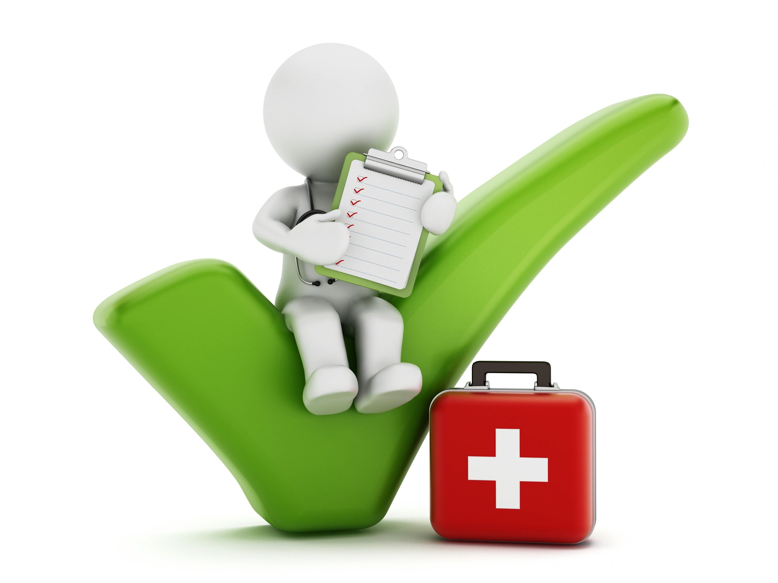 3D figure with checklist on green check mark and first aid kit