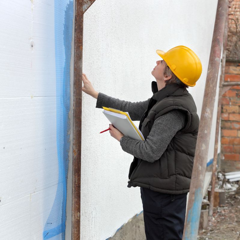 Construction inspector examine styrofoam insulation of house facade, wall