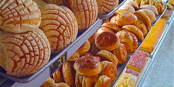 Assorted Mexican pastries on display in a bakery.