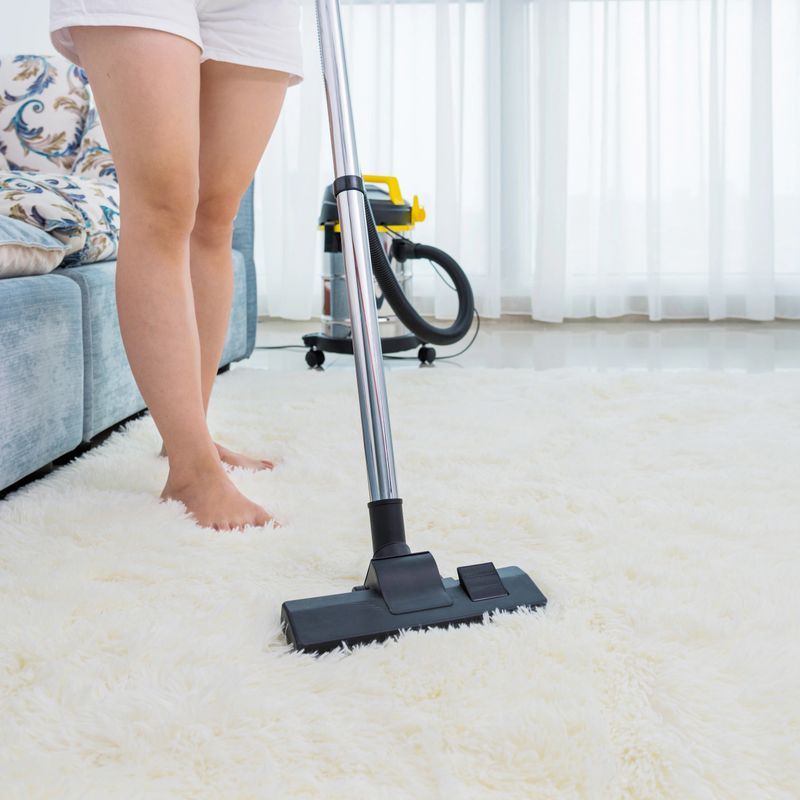 Woman cleaning the carpet in living room.