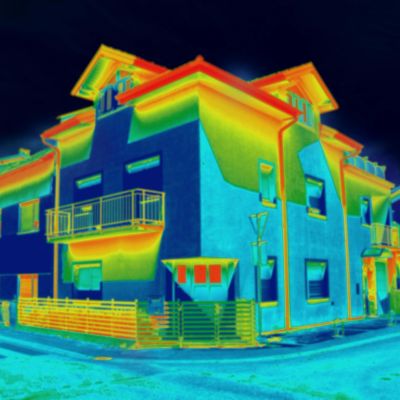 Thermal image showing heat distribution on a house.