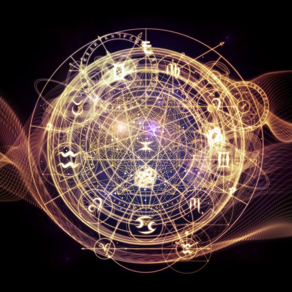 Glowing mystical zodiac and astrological symbols in a complex circular pattern.
