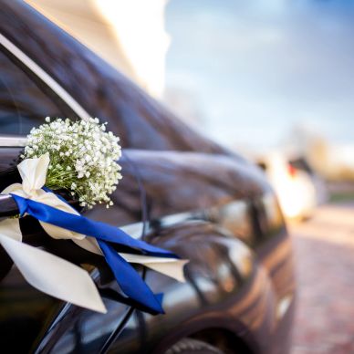 Wedding car decorated with white flowers and blue ribbons.
