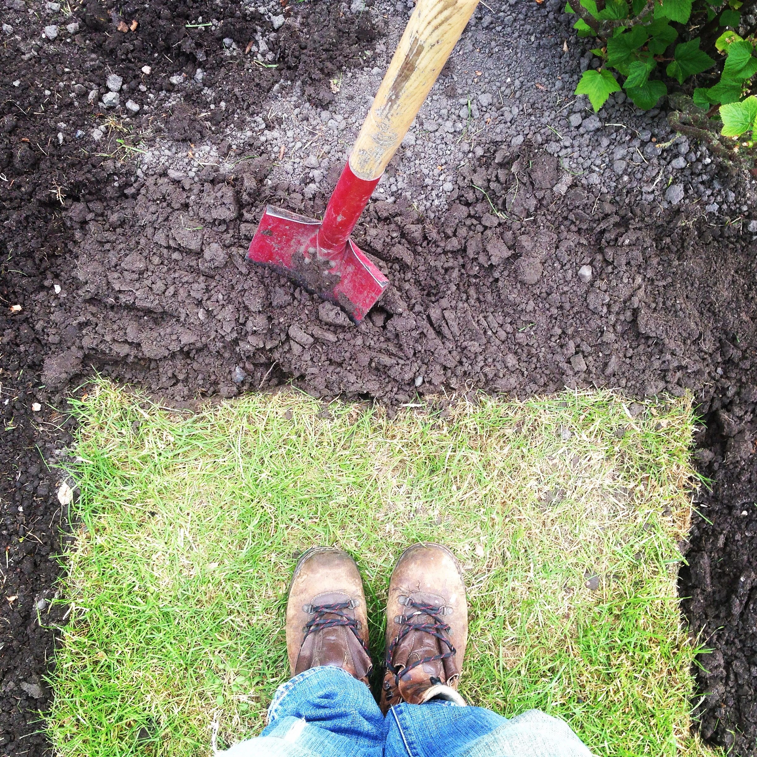 Person standing on grass with a hoe in soil, ready for gardening.