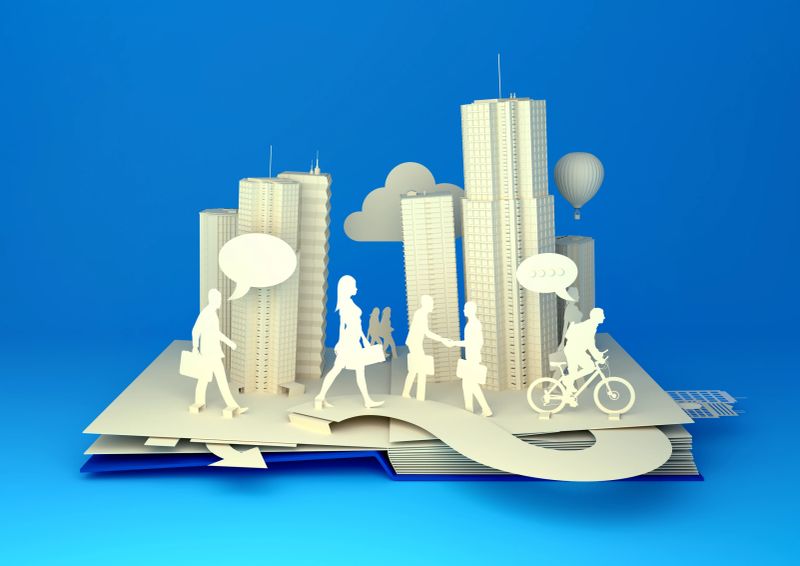 Pop-Up Book - City Lifestyle. Styled 3D pop-up book city with busy urban city people going about their business.