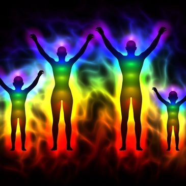 Silhouettes of four people with rainbow-colored auras on a vibrant background.