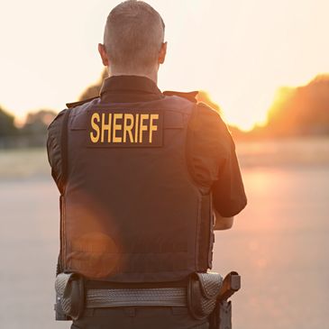 Sheriff in tactical vest standing outdoors at sunset.