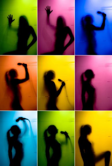 Silhouetted figures singing and dancing with colorful backdrops.