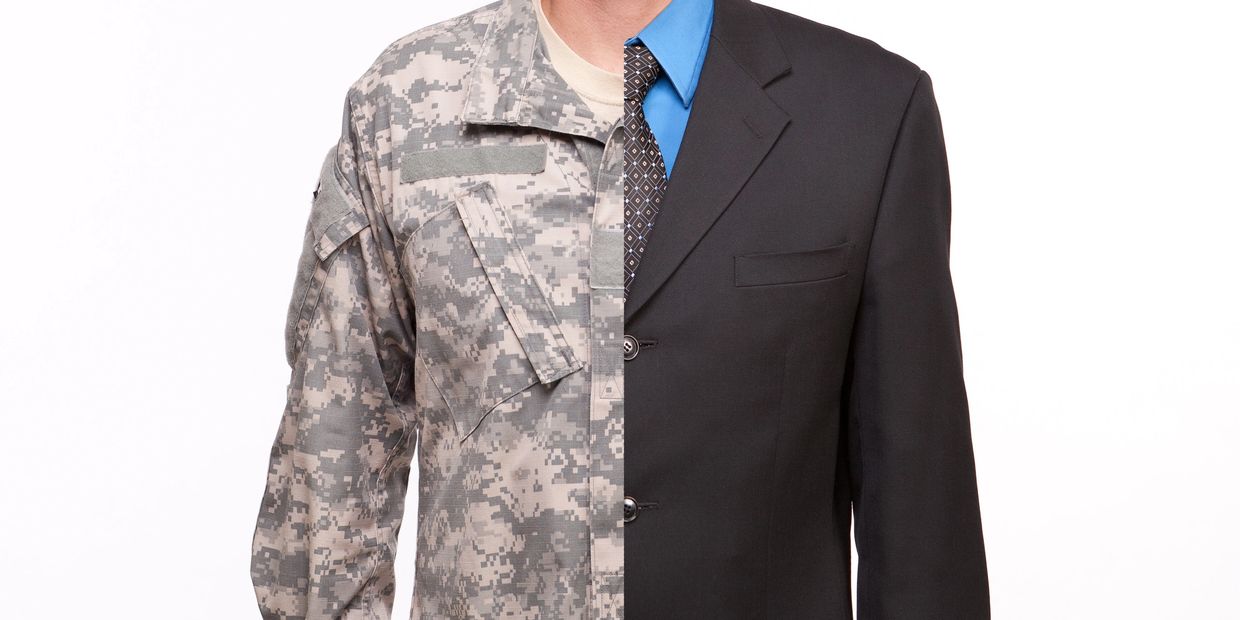 Half military uniform, half business suit on one person.