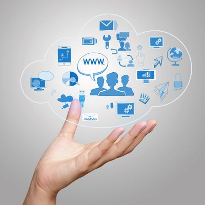 Hand holding digital cloud with internet and communication icons.