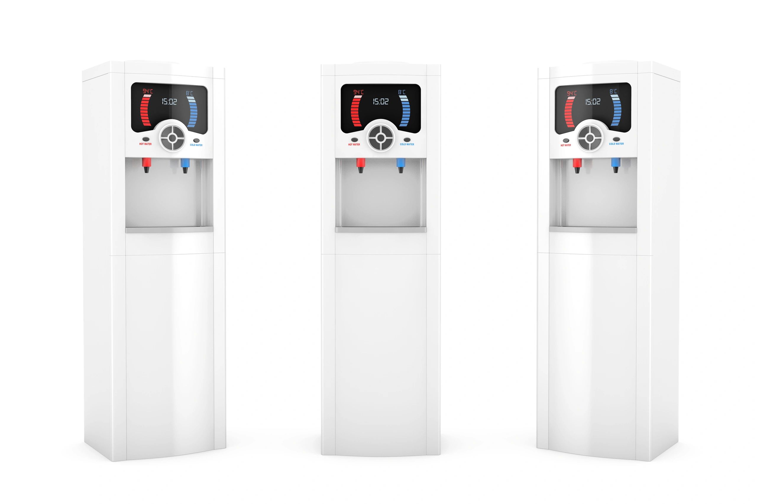 Three white water dispensers with digital temperature displays.
