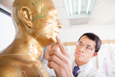 Man examining acupuncture points on a golden anatomical model's face.