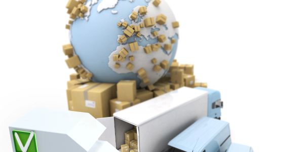 Globe surrounded by packages and delivery trucks representing global shipping.