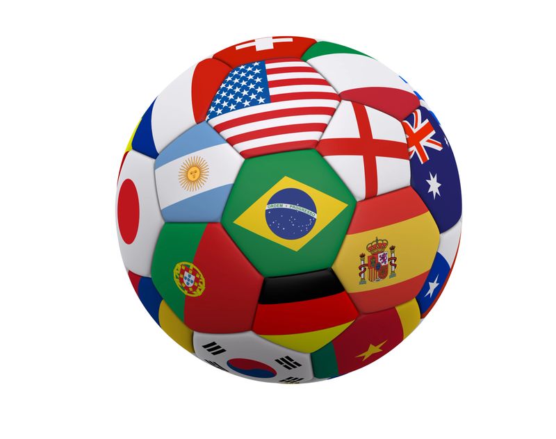 Soccer ball / Football with world flags including Brazil, Spain, England, Germany, Portugal ... isolated on a white background.